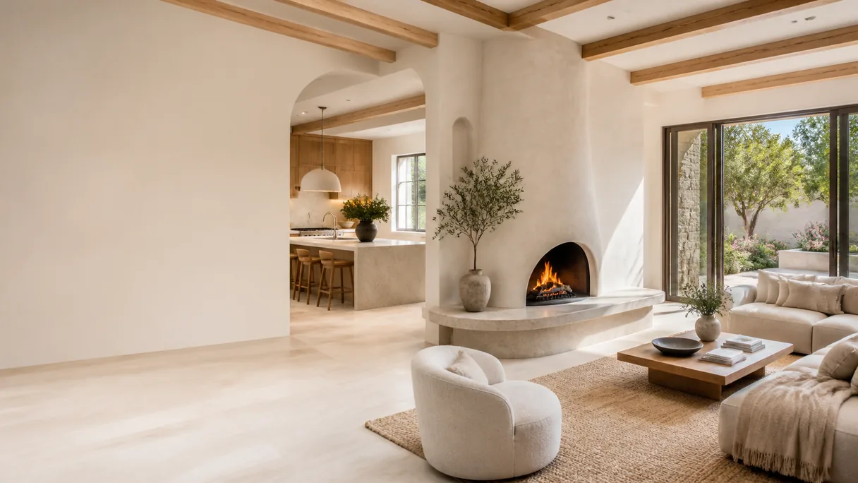 Illustration: Plastered living room with beamed ceiling and open kitchen beyond