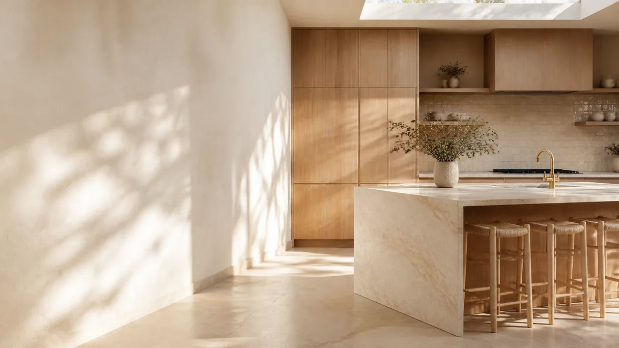 Illustration: Light oak kitchen with stone waterfall island and bar stools