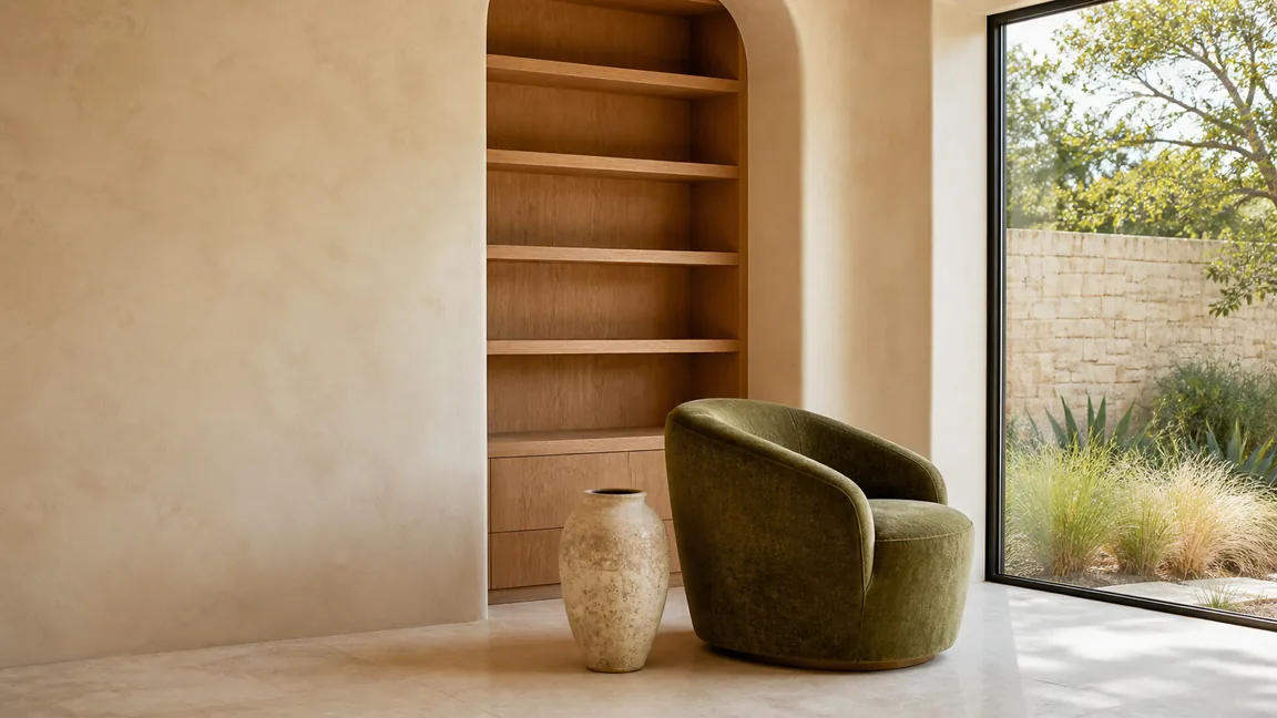 Illustration: Plaster alcove with built-in wood shelving and a floor-to-ceiling window
