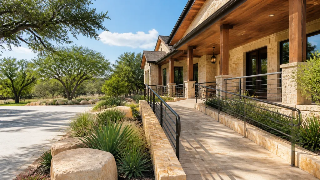 Illustration: Stone public building with a covered colonnade and a long accessible ramp with metal handrails; Project planning by veteran-owned 214 Veteran Solutions