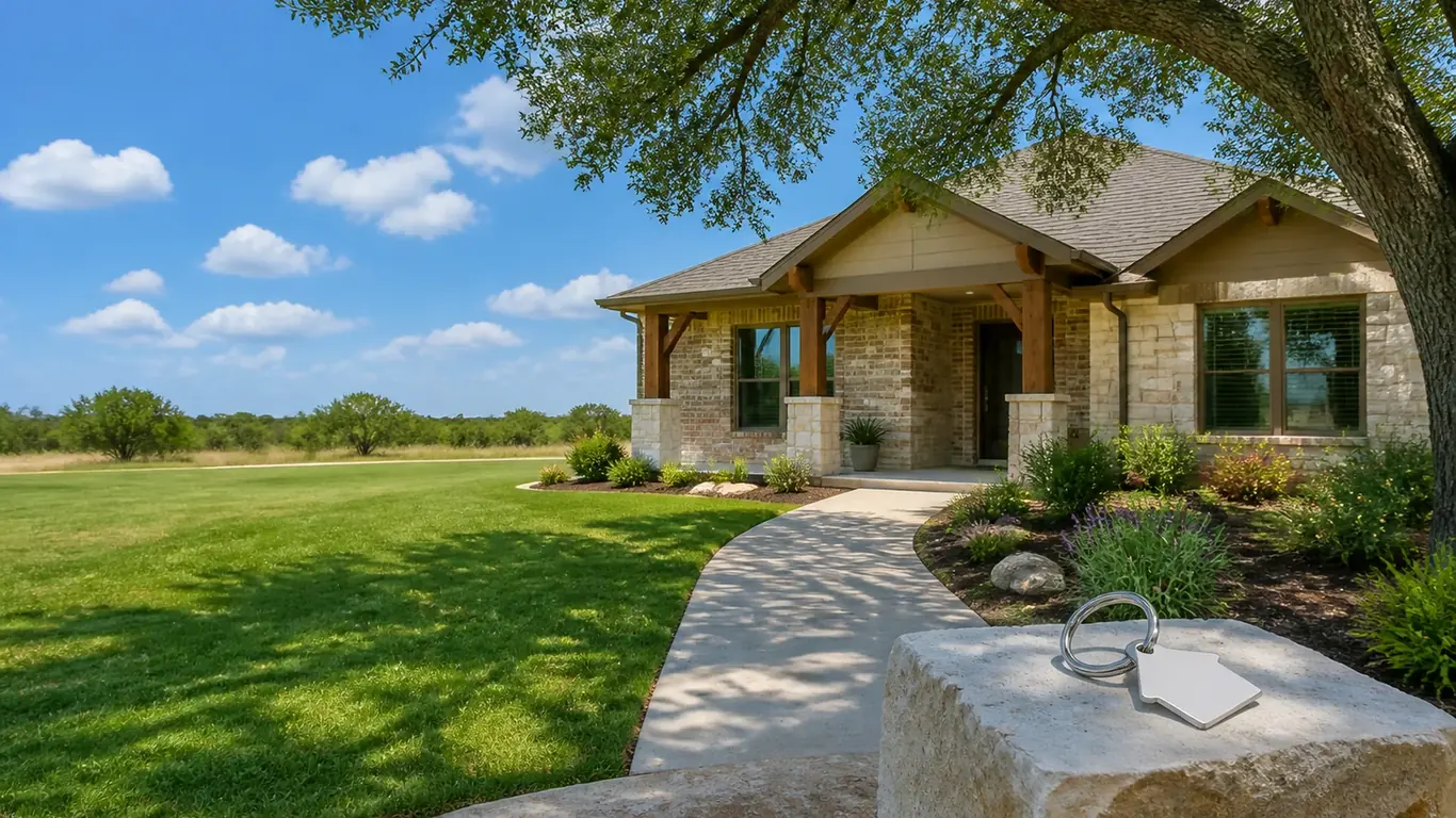 Illustration: Stone-and-timber ranch house across a lawn, with keys and a card on a limestone pier in front; Project planning by veteran-owned 214 Veteran Solutions