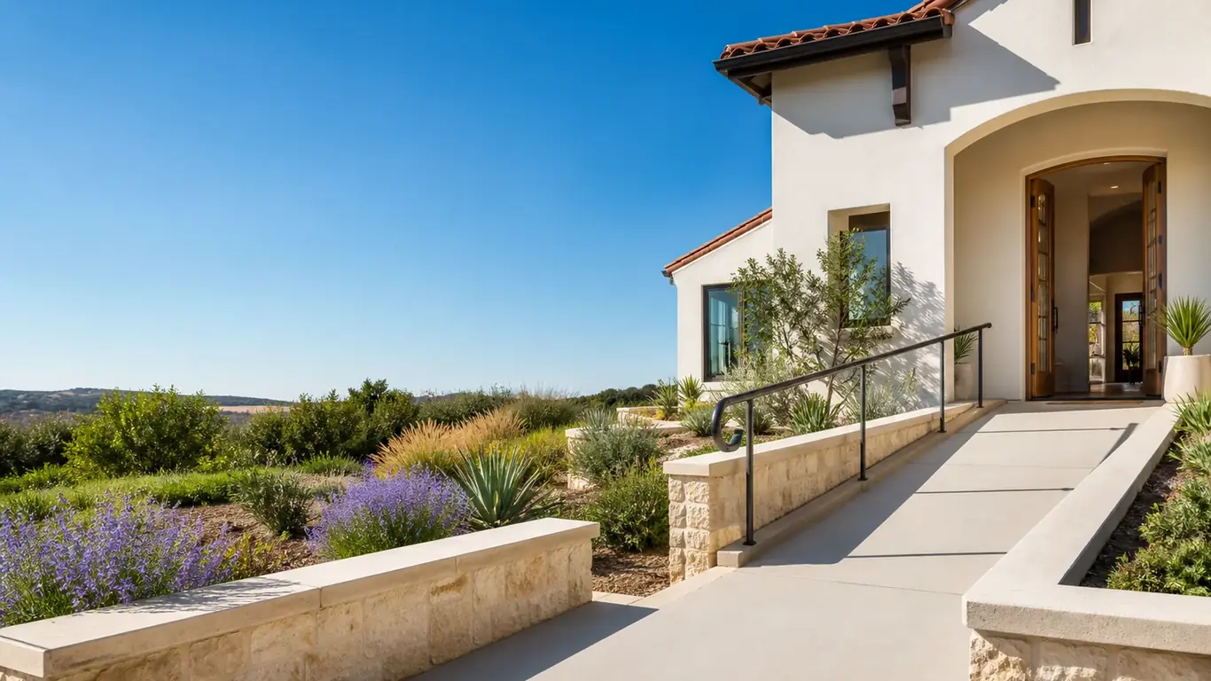 Illustration: Gently sloped accessible walkway with handrails leading to the entry of a stucco house; Project planning by veteran-owned 214 Veteran Solutions