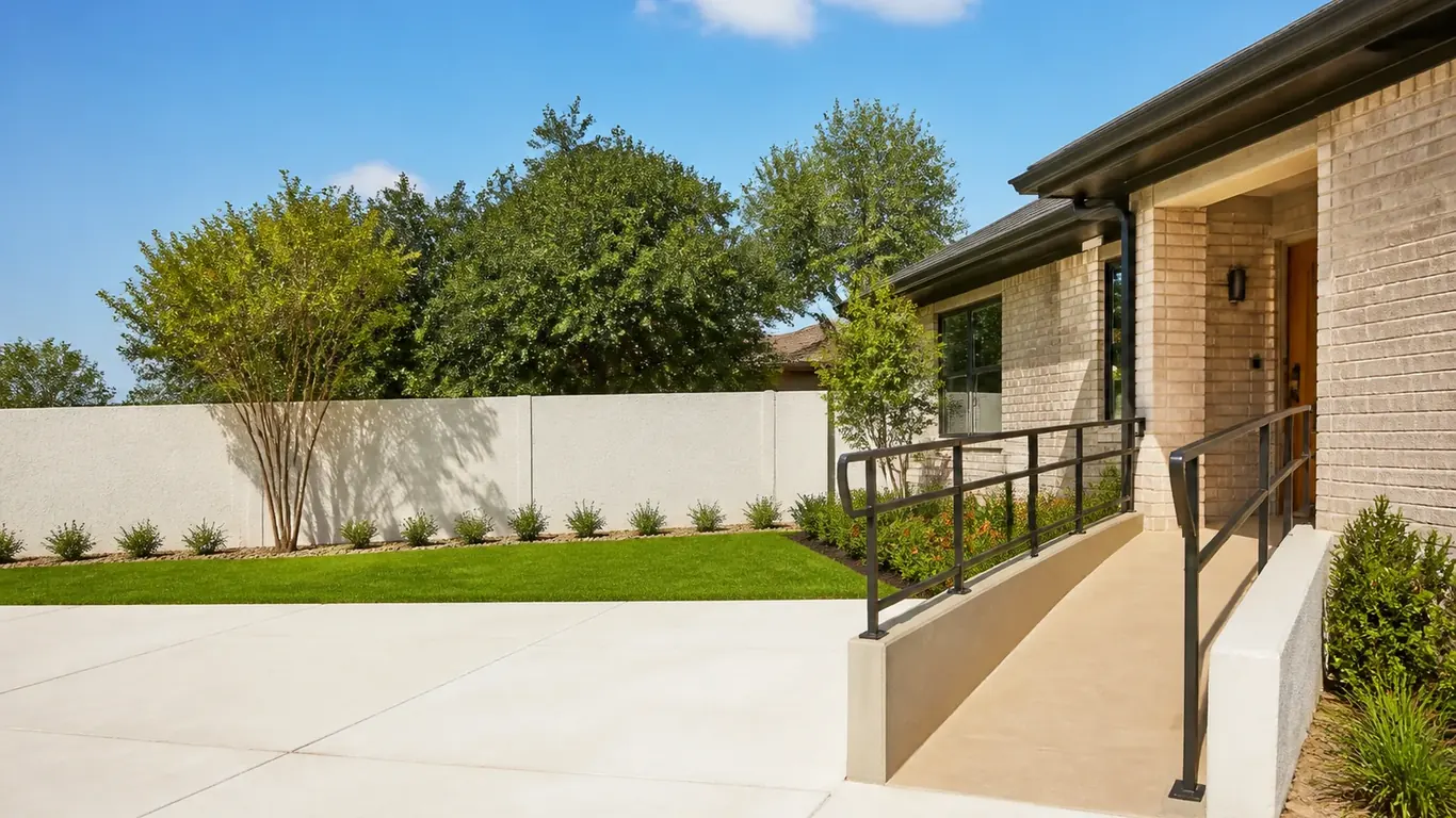 Illustration: Brick house with a new concrete access ramp and handrails