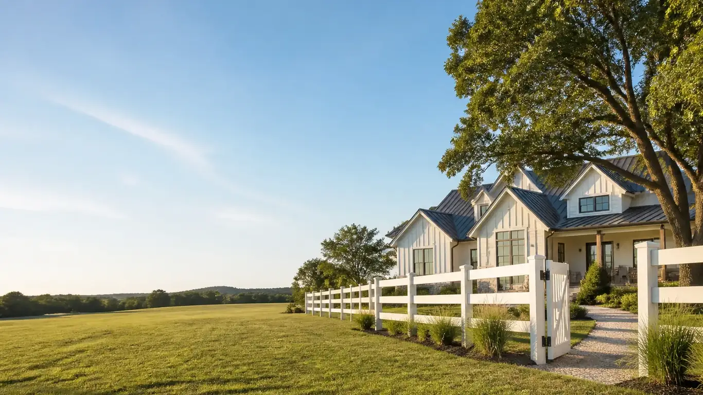 Illustration: White farmhouse behind a rail fence across a mown pasture; Project planning by veteran-owned 214 Veteran Solutions