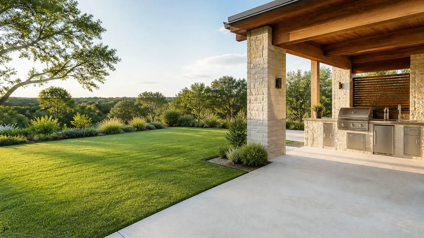 Covered patio with a stone outdoor kitchen looking over a lawn