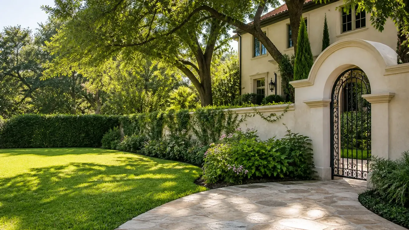 Illustration: Ivy-covered wall and an arched iron gate to a stucco house across a shaded lawn; Project planning by veteran-owned 214 Veteran Solutions