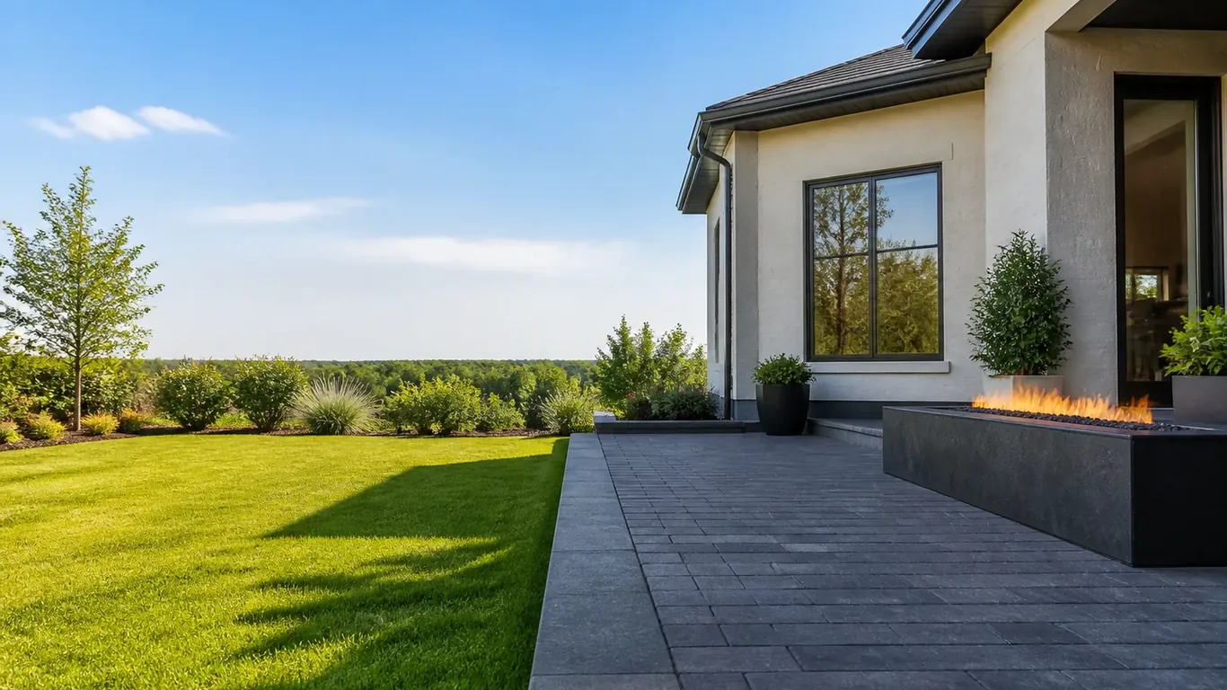 Dark paver terrace with a linear gas fire feature alongside a lawn and a white house