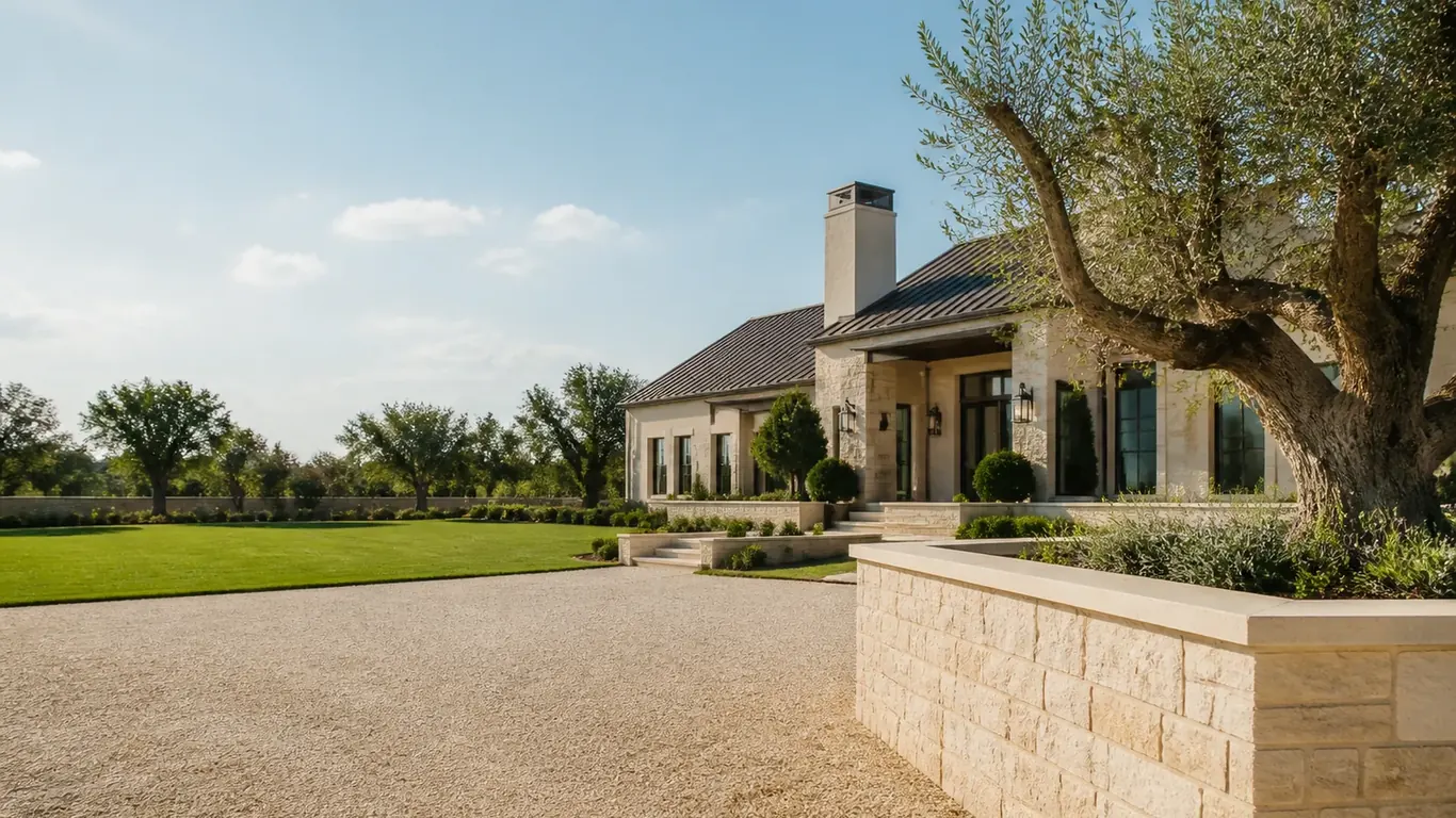 Stone house with clipped hedges and an olive tree above a gravel motor court