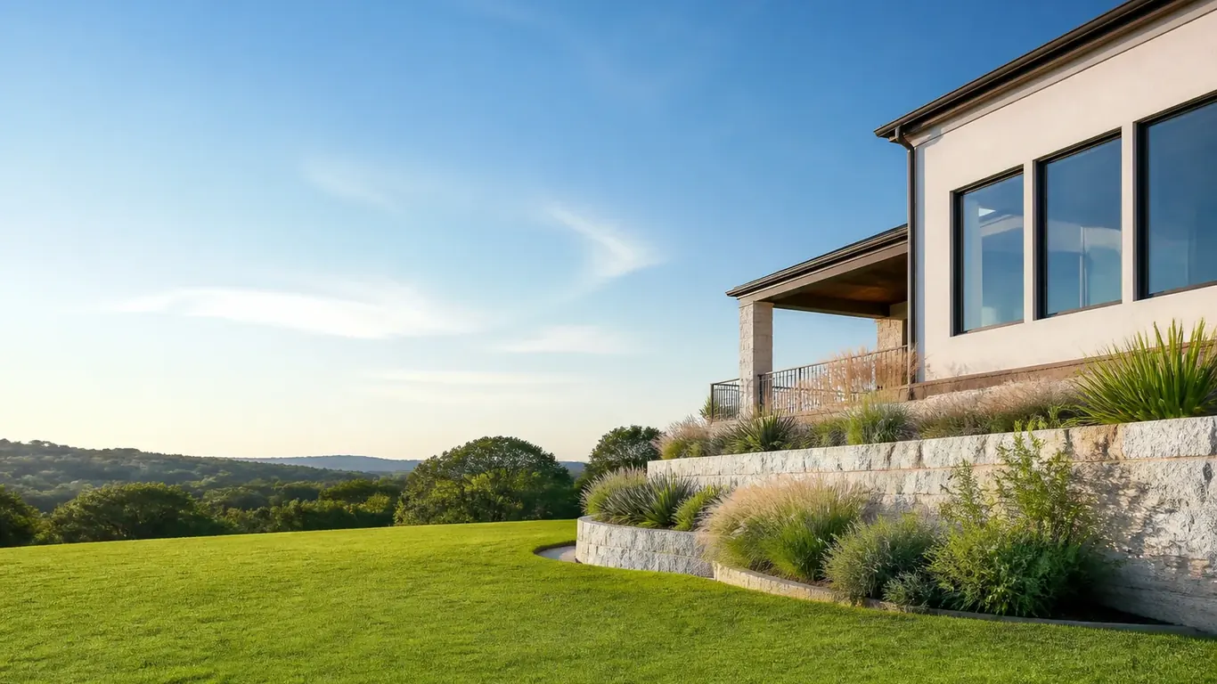 Hillside house above a stone retaining wall and terraced lawn with a valley view