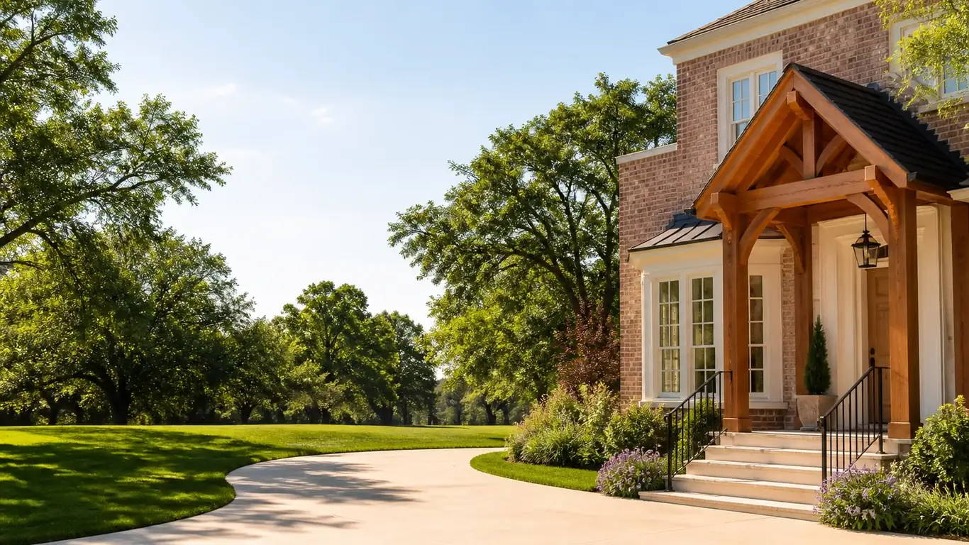 Illustration: Brick house with a timber-framed porch gable and a curving driveway; Project planning by veteran-owned 214 Veteran Solutions