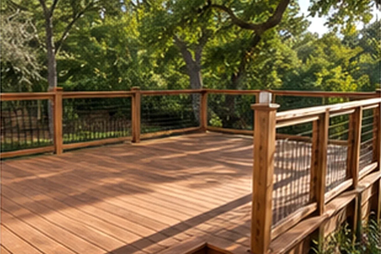 Cedar deck with timber-and-cable railing overlooking a wooded back yard; Project planning by veteran-owned 214 Veteran Solutions