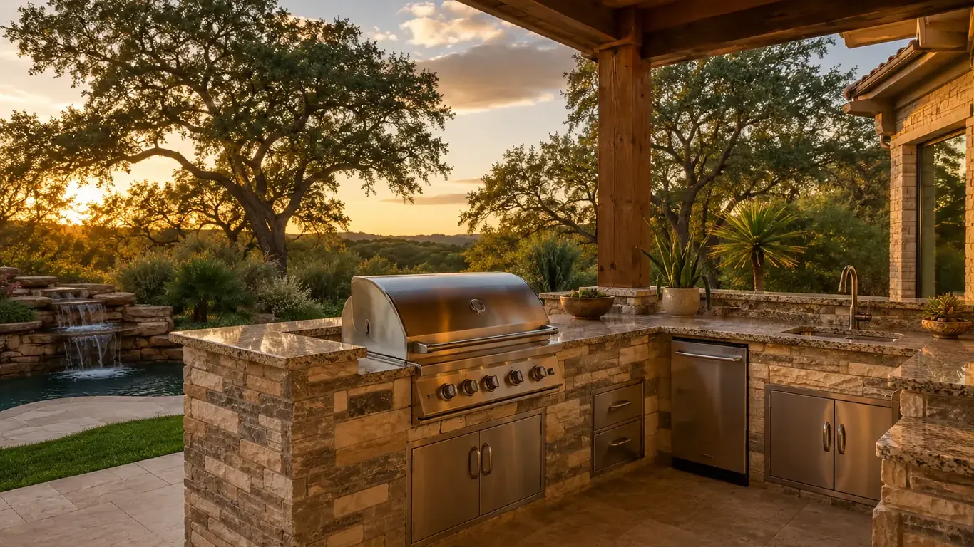 Covered stone outdoor kitchen with a grill and sink overlooking oak-covered hills at sunset
