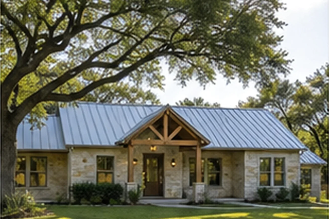 Limestone hill-country house with a standing-seam metal roof and timber porch under live oaks