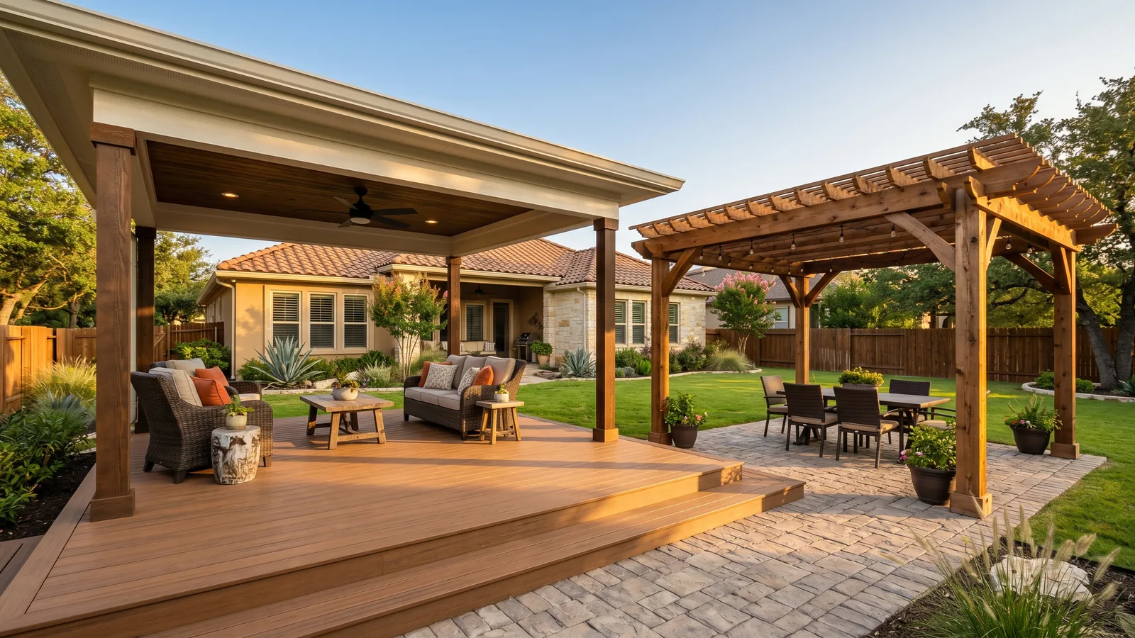 Covered patio, composite deck, and cedar pergola outdoor living space behind a San Antonio TX home, built by veteran-owned general contractor 214 Veteran Solutions
