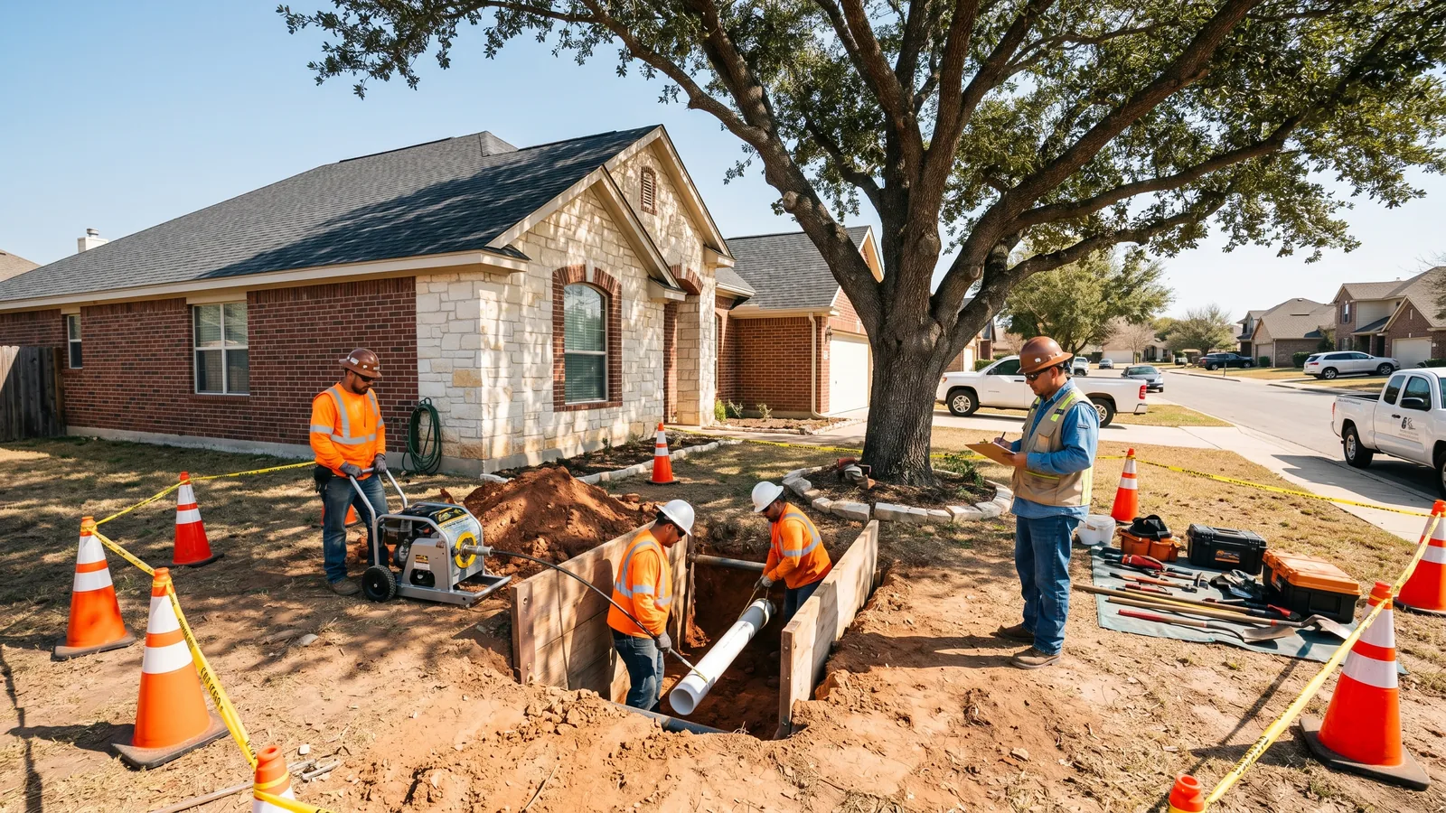 Trenchless sewer line repair San Antonio TX residential job site — licensed plumber crew coordinated by 214 Veteran Solutions