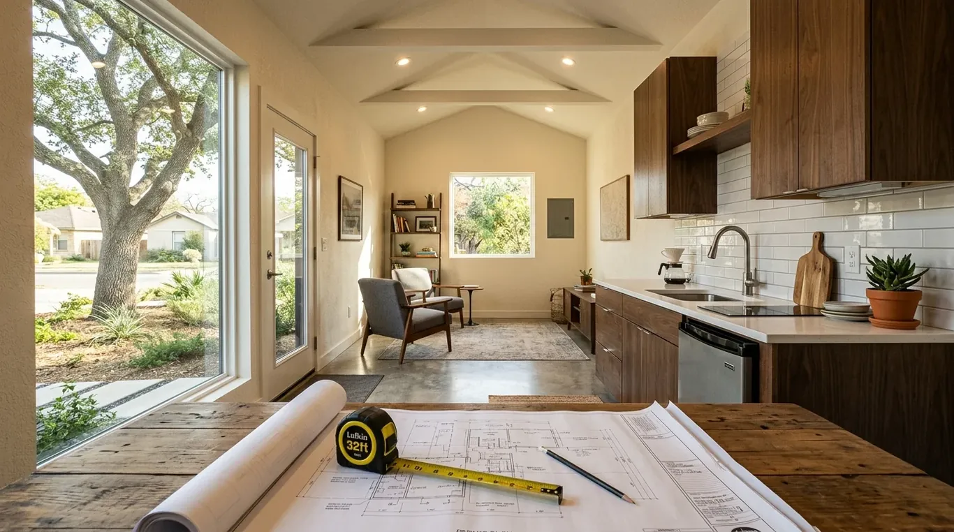 Construction drawings, a tape measure and pencil on a table, with a finished ADU kitchen behind; Project planning by veteran-owned 214 Veteran Solutions